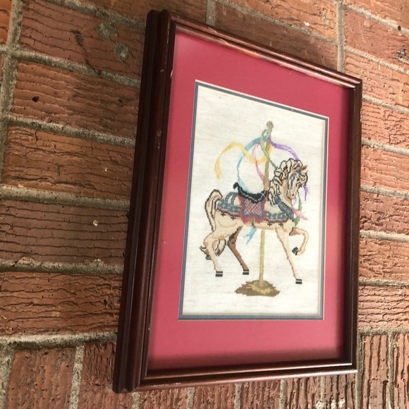 Framed & Finished Cross Stitch Carousel Horse Double Matted - Picture 2 of 3
